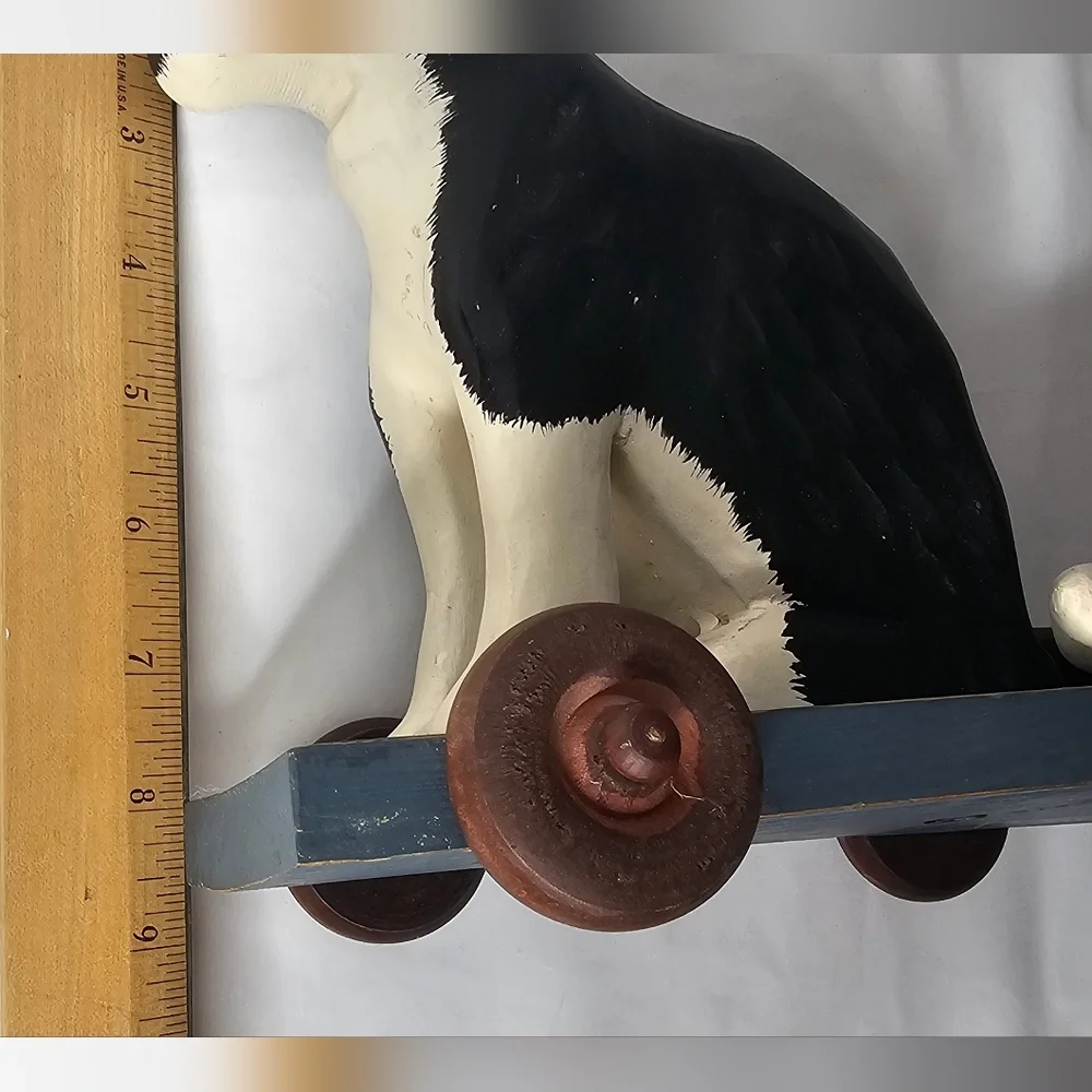 Vintage Hand Painted Wooden Tuxedo Cat Pull Toy Figurine on Wheels